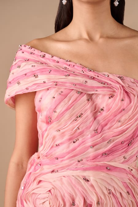 Shriya Som_Pink Organza Crystals, Stones Asymmetric Two Textured Slit Gown _at_Aza_Fashions