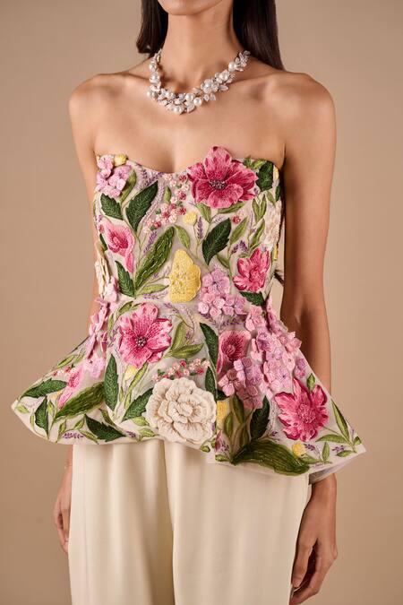 Shriya Som_Multi Color Tulle, Crepe, Organza Embroidery, Floral Peplum Top And Pant Set _Online_at_Aza_Fashions