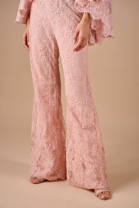 Shriya Som_Pink Lace, Tulle Lace, Sequins, Embroidery, Pearls Round Flare Cape And Pant Set _Online_at_Aza_Fashions