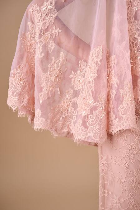 Buy_Shriya Som_Pink Lace, Tulle Lace, Sequins, Embroidery, Pearls Round Flare Cape And Pant Set _Online_at_Aza_Fashions