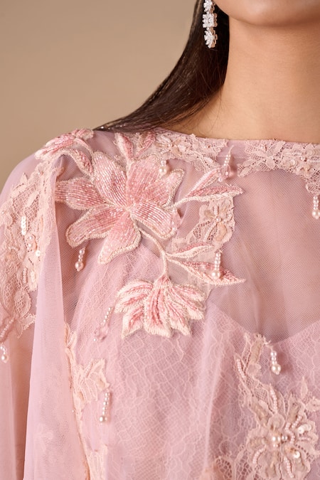 Shop_Shriya Som_Pink Lace, Tulle Lace, Sequins, Embroidery, Pearls Round Flare Cape And Pant Set _Online_at_Aza_Fashions