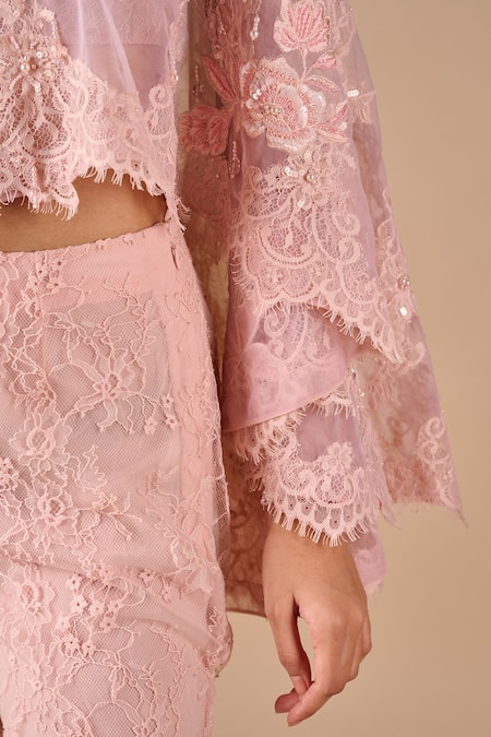 Shriya Som_Pink Lace, Tulle Lace, Sequins, Embroidery, Pearls Round Flare Cape And Pant Set _at_Aza_Fashions
