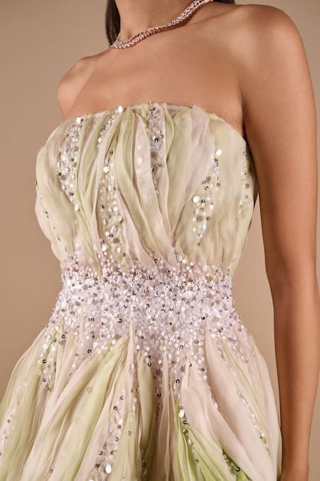 Shriya Som_Ivory Organza Sequins, Embroidery Bandeau Neck Textured Dress _Online_at_Aza_Fashions