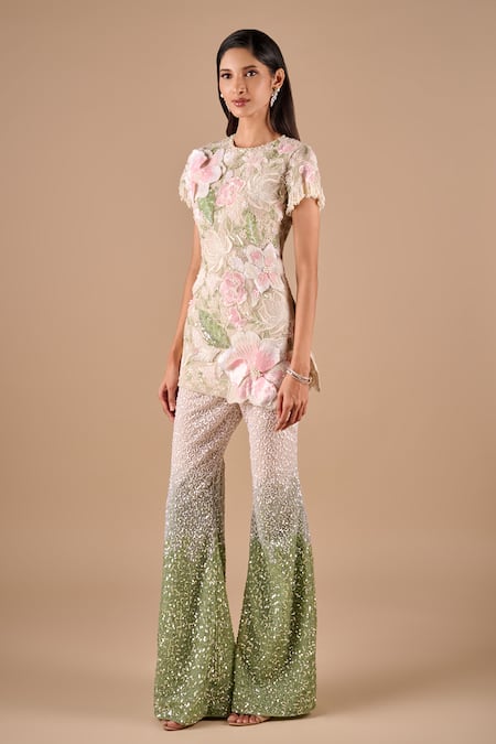 Shriya Som Beaded Floral Tunic & Ombre Sequin Pant Set 
