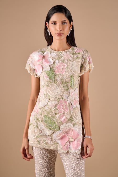 Shriya Som_Pink Tulle Embroidery, Beads, Lace, Beaded Floral Tunic And Ombre Pant Set _Online_at_Aza_Fashions
