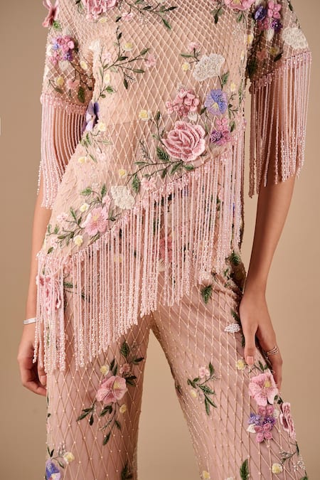 Shriya Som_Blush Tulle Embroidery, Crystals, Fringe, Beads Floral Grid Top And Pant Set _Online_at_Aza_Fashions
