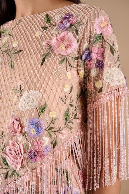 Buy_Shriya Som_Blush Tulle Embroidery, Crystals, Fringe, Beads Floral Grid Top And Pant Set _Online_at_Aza_Fashions