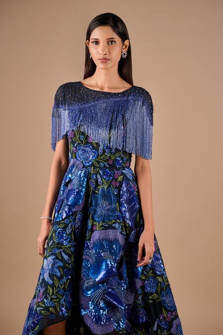 Shriya Som Blue Tulle Embroidery, Sequins, Fringe Round Neck 3d Floral High Low Gown Online at Aza Fashions Shriya Som_Blue Tulle Embroidery, Sequins, Fringe Round Neck 3d Floral High Low Gown _Online_at_Aza_Fashions