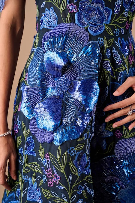 Buy Shriya Som Blue Tulle Embroidery, Sequins, Fringe Round Neck 3d Floral High Low Gown Online at Aza Fashions Buy_Shriya Som_Blue Tulle Embroidery, Sequins, Fringe Round Neck 3d Floral High Low Gown _Online_at_Aza_Fashions