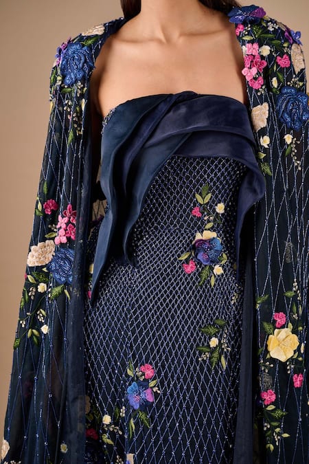 Shriya Som_Navy Tulle, Organza Embroidery, Draped Column Gown With Floral Textured Cape _Online_at_Aza_Fashions