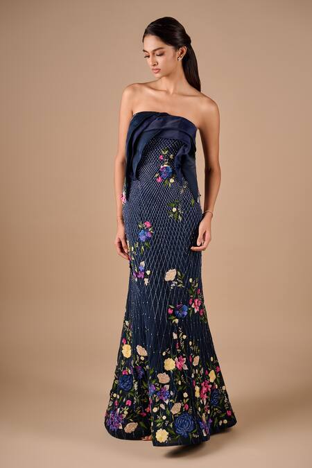 Buy_Shriya Som_Navy Tulle, Organza Embroidery, Draped Column Gown With Floral Textured Cape _Online_at_Aza_Fashions