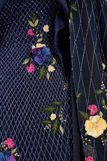 Shop_Shriya Som_Navy Tulle, Organza Embroidery, Draped Column Gown With Floral Textured Cape _Online_at_Aza_Fashions