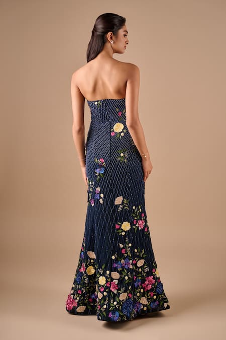 Shriya Som_Navy Tulle, Organza Embroidery, Draped Column Gown With Floral Textured Cape _at_Aza_Fashions