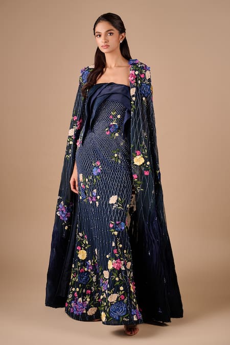 Shriya Som Draped Column Gown With Floral Textured Cape 