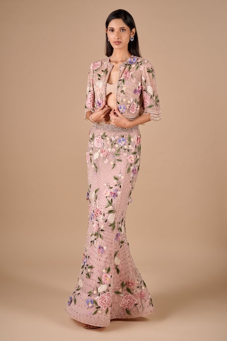 Shriya Som Bridal Fishtail Skirt & Cropped Fringe Jacket Set 