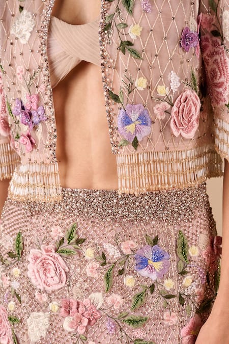 Buy_Shriya Som_Blush Tulle Embroidery, Crystals, Bridal Fishtail Skirt And Cropped Jacket Set _Online_at_Aza_Fashions