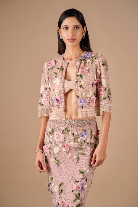 Shop_Shriya Som_Blush Tulle Embroidery, Crystals, Bridal Fishtail Skirt And Cropped Jacket Set _Online_at_Aza_Fashions