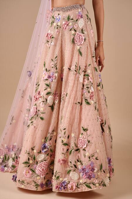 Buy_Shriya Som_Peach Tulle Embroidery, Crystals, Beads, Applique, Sequins, Floral Skirt Set _Online_at_Aza_Fashions