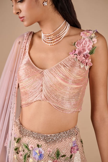 Shop_Shriya Som_Peach Tulle Embroidery, Crystals, Beads, Applique, Sequins, Floral Skirt Set _Online_at_Aza_Fashions
