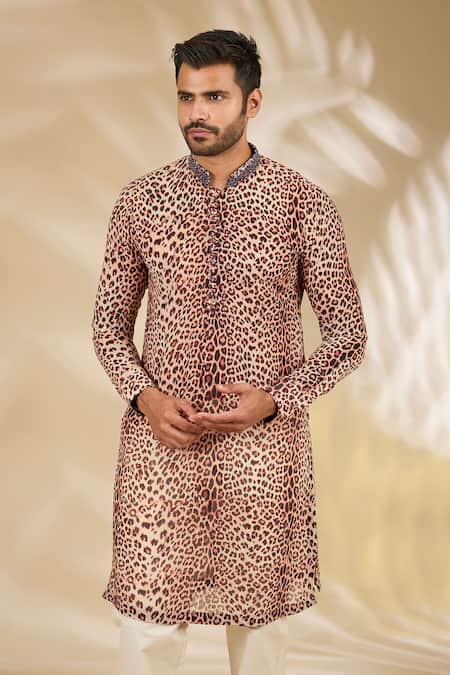 Rabani & Rakha_Multi Color Georgette, Cotton, Silk Beads Leopard Print Kurta And Pant Set _Online_at_Aza_Fashions