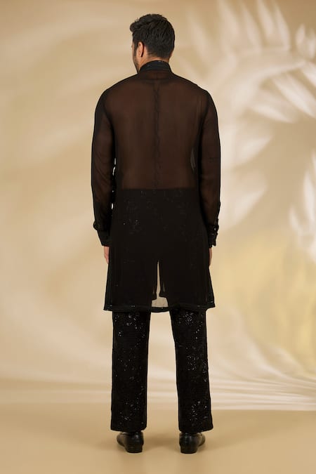 Buy_Rabani & Rakha_Black Georgette Sequins, Embroidery Cutwork Jacket And Kurta Set _Online_at_Aza_Fashions