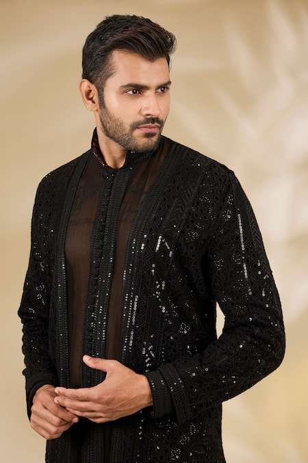 Shop_Rabani & Rakha_Black Georgette Sequins, Embroidery Cutwork Jacket And Kurta Set _Online_at_Aza_Fashions