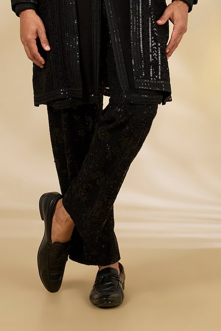 Rabani & Rakha_Black Georgette Sequins, Embroidery Cutwork Jacket And Kurta Set _at_Aza_Fashions