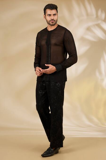 Rabani & Rakha_Black Georgette Sequins, Embroidery Bandhgala Set _Online_at_Aza_Fashions