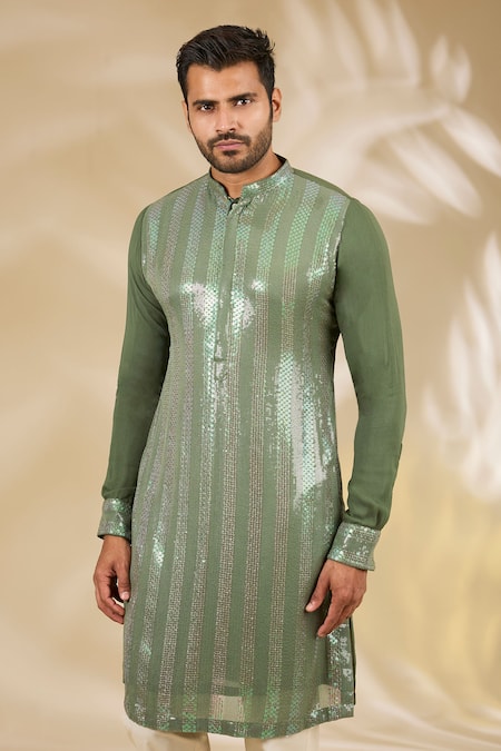 Rabani & Rakha_Green Georgette Sequins, Embroidery Kurta And Pant Set _Online_at_Aza_Fashions
