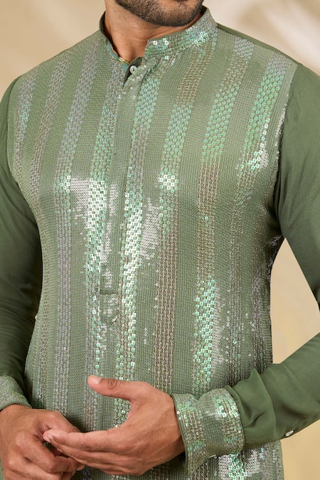 Buy_Rabani & Rakha_Green Georgette Sequins, Embroidery Kurta And Pant Set _Online_at_Aza_Fashions