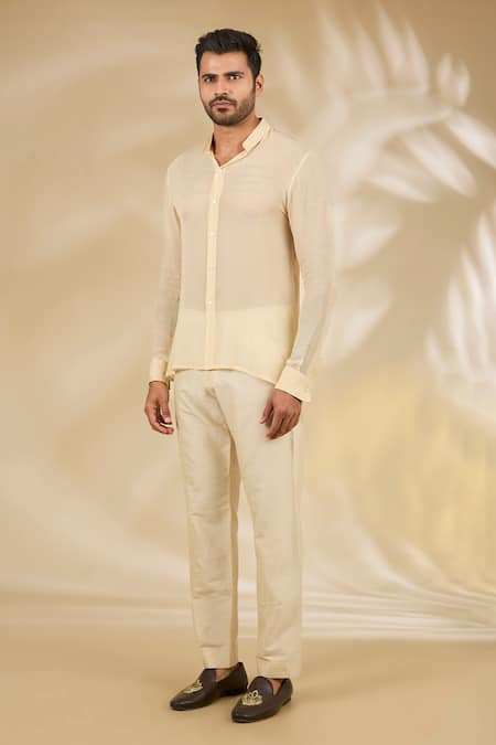 Rabani & Rakha_Beige Georgette Embroidery, Sequins Thread And Bandhgala Set _Online_at_Aza_Fashions