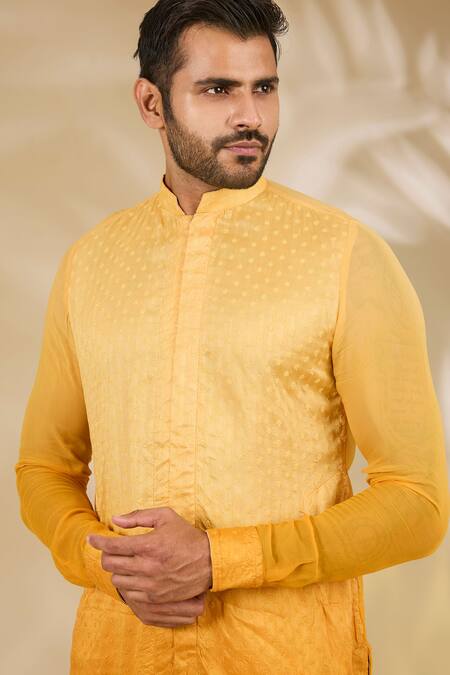 Rabani & Rakha_Yellow Georgette Embroidery Shaded Thread Booti Kurta Set _Online_at_Aza_Fashions