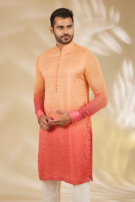 Rabani & Rakha_Orange Georgette Embroidery, Foil Ombre Thread Booti Kurta And Cotton Silk Pant _Online_at_Aza_Fashions