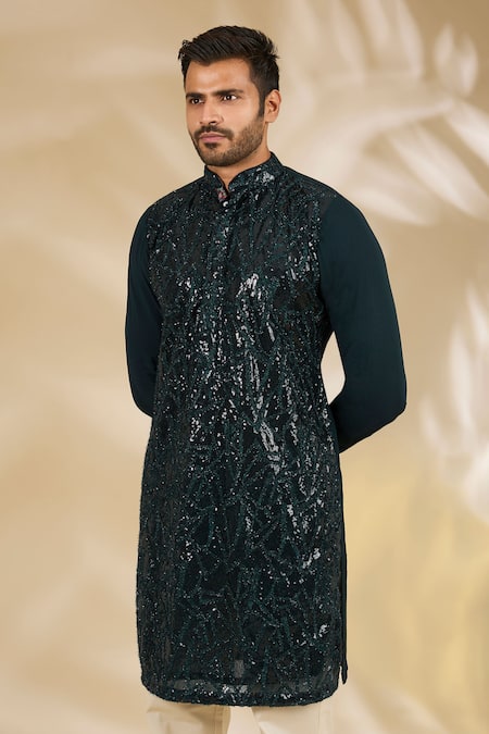 Rabani & Rakha_Green Georgette Sequins, Embroidery Net Thread And Kurta Set _Online_at_Aza_Fashions