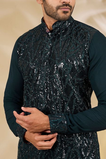 Buy_Rabani & Rakha_Green Georgette Sequins, Embroidery Net Thread And Kurta Set _Online_at_Aza_Fashions