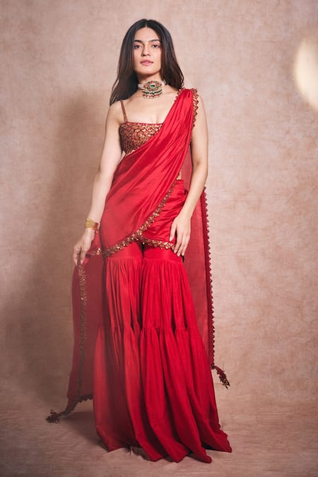 Punit Balana Surkh Laal Embroidered Bralette Gharara Set 