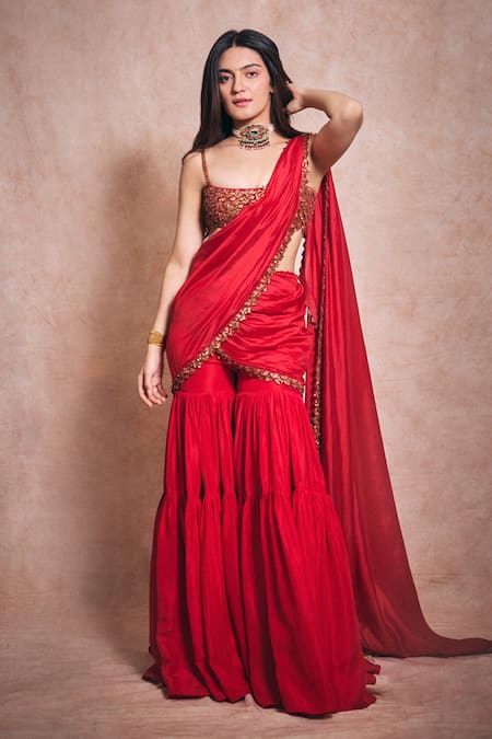 Punit Balana_Red , Organza, Chanderi Sequins, Surkh Laal Bralette Gharara Set _at_Aza_Fashions