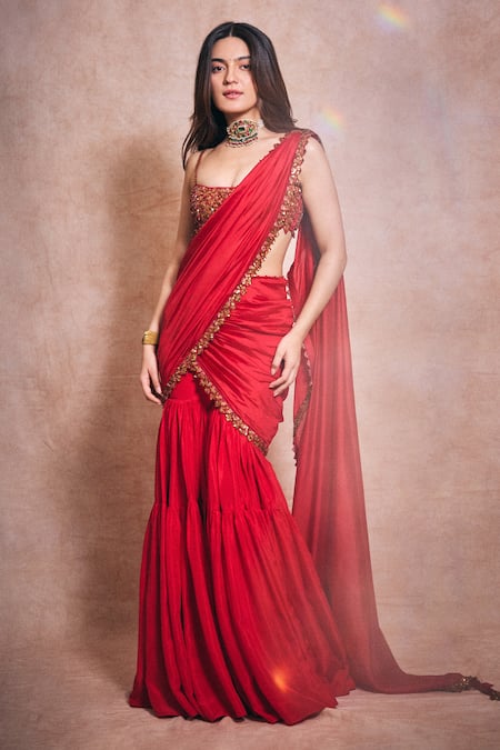 Punit Balana Surkh Laal Embroidered Bralette Gharara Set 