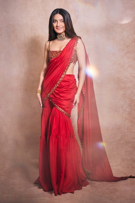 Shop_Punit Balana_Red , Organza, Chanderi Sequins, Surkh Laal Bralette Gharara Set 