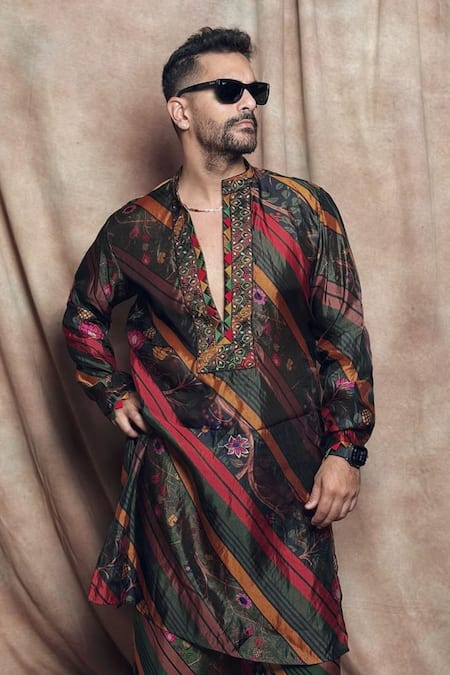 Punit Balana Multi Color Silk Organza Embroidery, Sequins Floral Stripe Print Kurta Set 