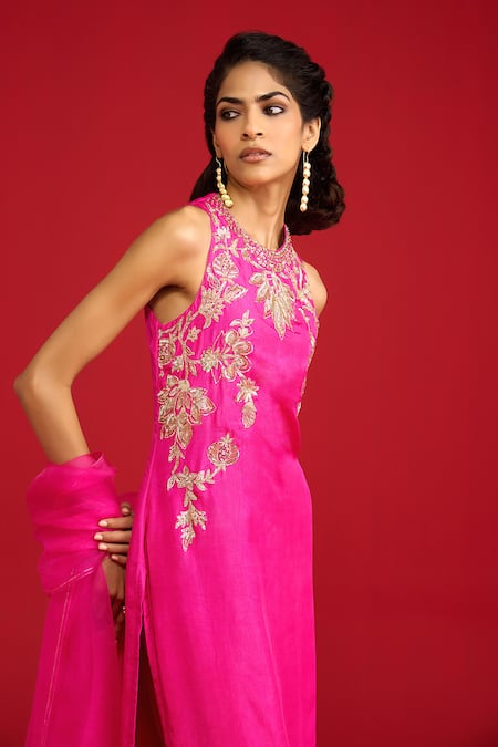 Megha Pitti_Pink Silk, Shantoon, Organza Sequins, Pita And Zardozi Embroidered Kurta Set _Online_at_Aza_Fashions