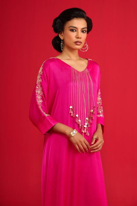 Megha Pitti_Pink Modal, Satin Tassels, Sequins, Embroidery Pita Work And Zardozi Kurta Set _Online_at_Aza_Fashions