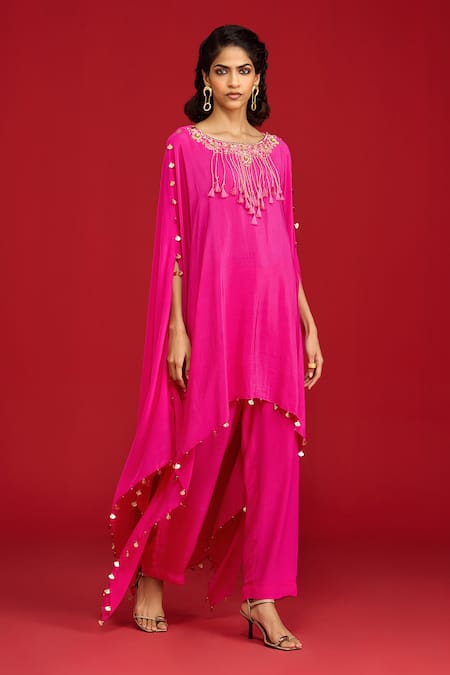 Buy_Megha Pitti_Pink Crepe Tassels, Sequins, Embroidery Pita And Zardozi Cape Kurta & Pant Set _Online_at_Aza_Fashions