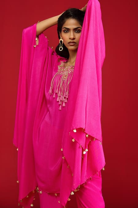 Shop_Megha Pitti_Pink Crepe Tassels, Sequins, Embroidery Pita And Zardozi Cape Kurta & Pant Set _Online_at_Aza_Fashions