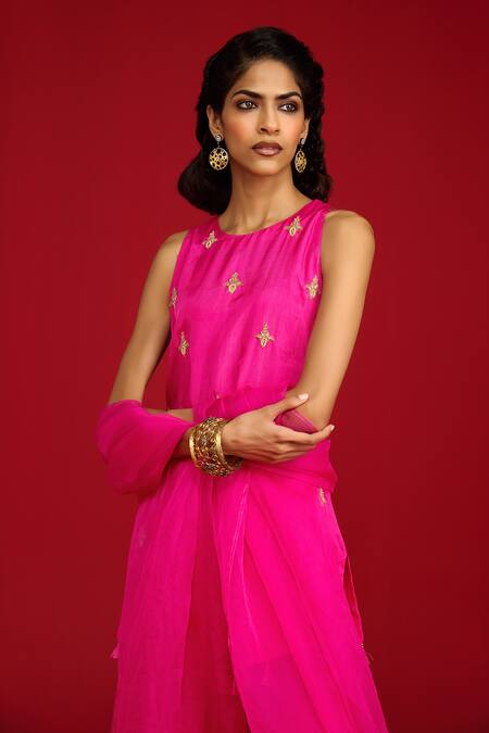 Shop_Megha Pitti_Pink Silk, Organza Embroidery, Sequins, Tassels Round Neck Zardozi Kurta Set _Online_at_Aza_Fashions