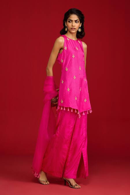 Megha Pitti_Pink Silk, Organza Embroidery, Sequins, Tassels Round Neck Zardozi Kurta Set _at_Aza_Fashions