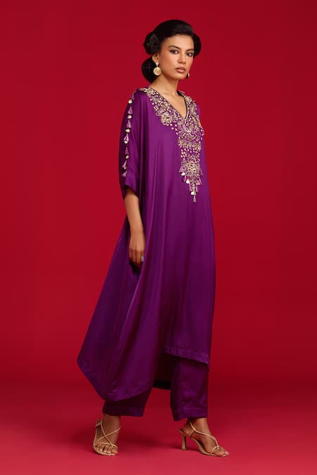 Megha Pitti_Purple Modal, Satin, Shantoon Zari, Zardozi And Hand Embroidered Kurta Set _Online_at_Aza_Fashions