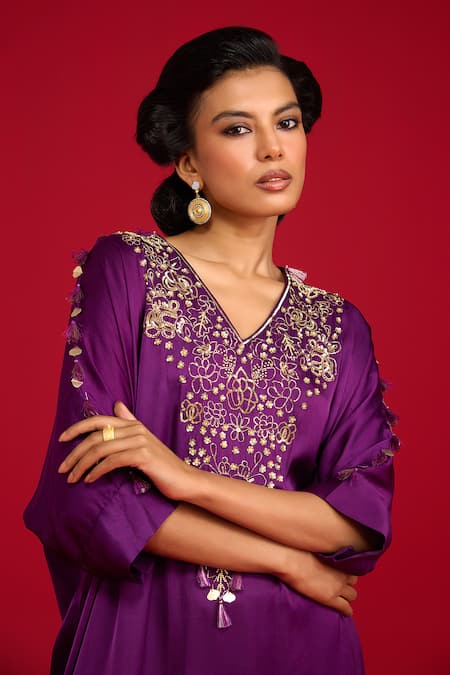 Buy_Megha Pitti_Purple Modal, Satin, Shantoon Zari, Zardozi And Hand Embroidered Kurta Set _Online_at_Aza_Fashions