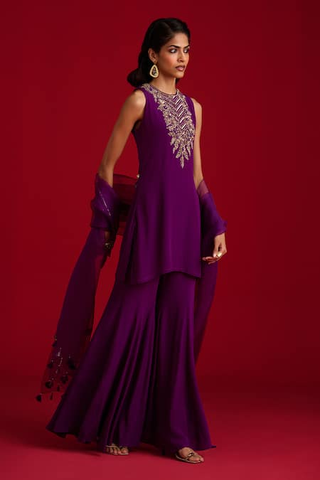 Megha Pitti_Purple Crepe Embroidery, Sequins, Tassels Round Neck Hand Kurta Sharara Set _Online_at_Aza_Fashions