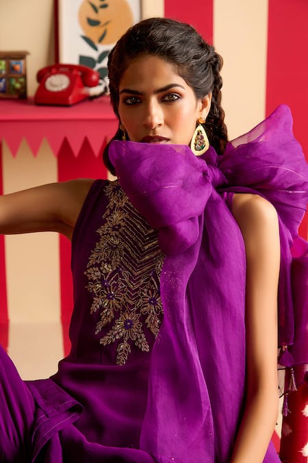 Shop_Megha Pitti_Purple Crepe Embroidery, Sequins, Tassels Round Neck Hand Kurta Sharara Set _Online_at_Aza_Fashions